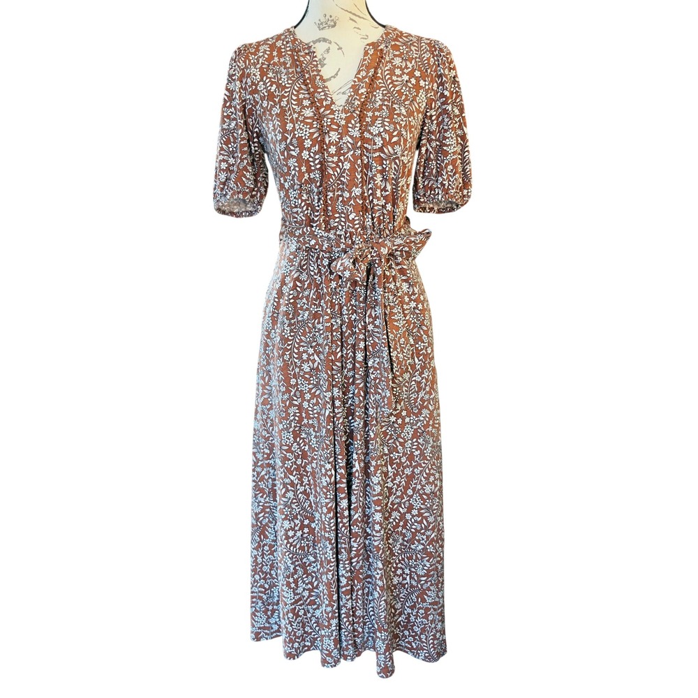 Boden Brown Floral Cotton Tencel Maxi Dress Puff Sleeve Tie Waist Size 4 - Picture 2 of 11